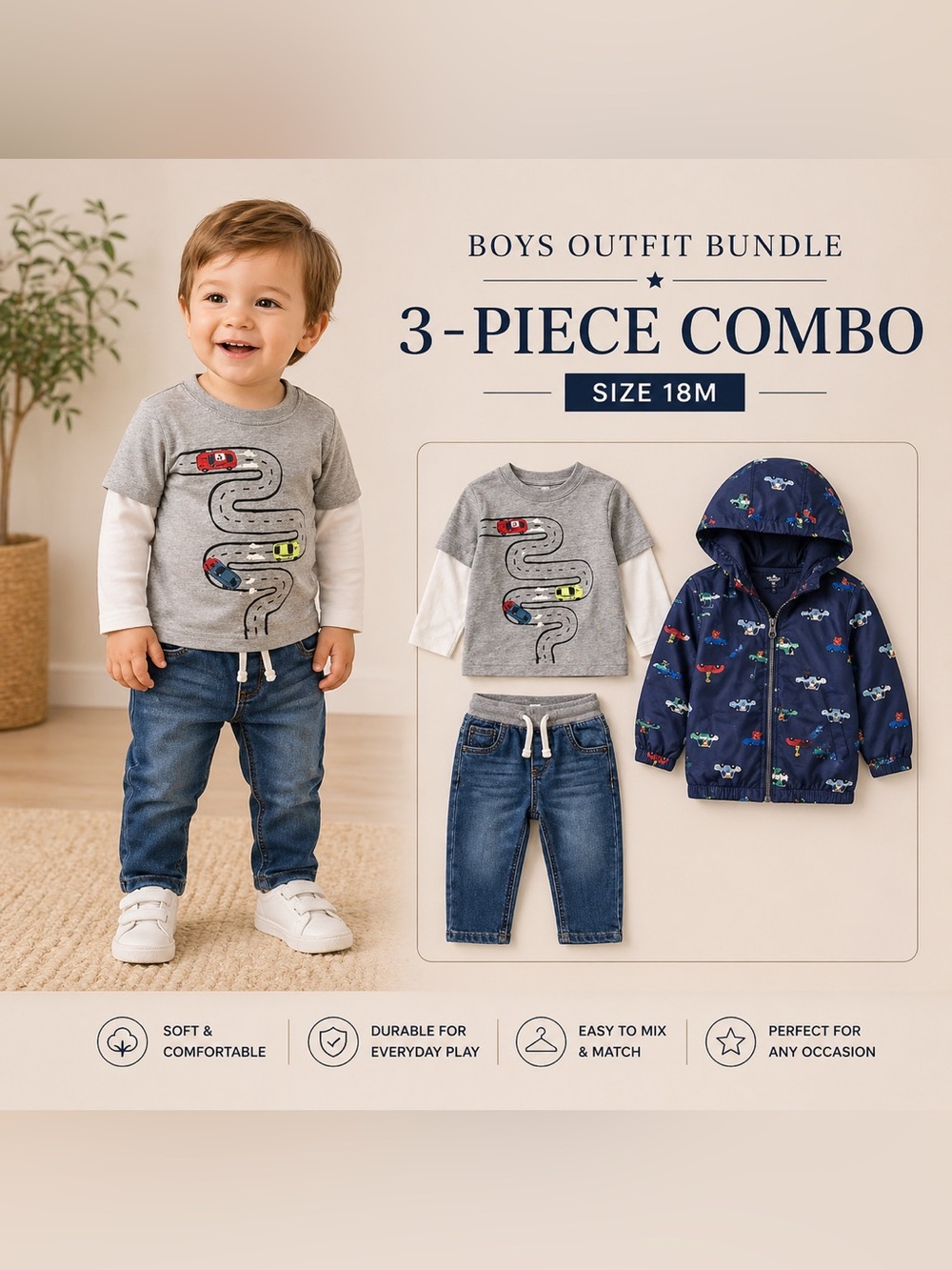 Boys 3PC Outfit Bundle Car Print Jacket + Tee + Jeans | H&M Cat & Jack Carter’s